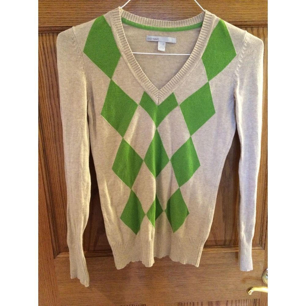 OLD NAVY Tan w/ Lime Green‎ Argyle Diamond Print V Neck Womens Sweater XS